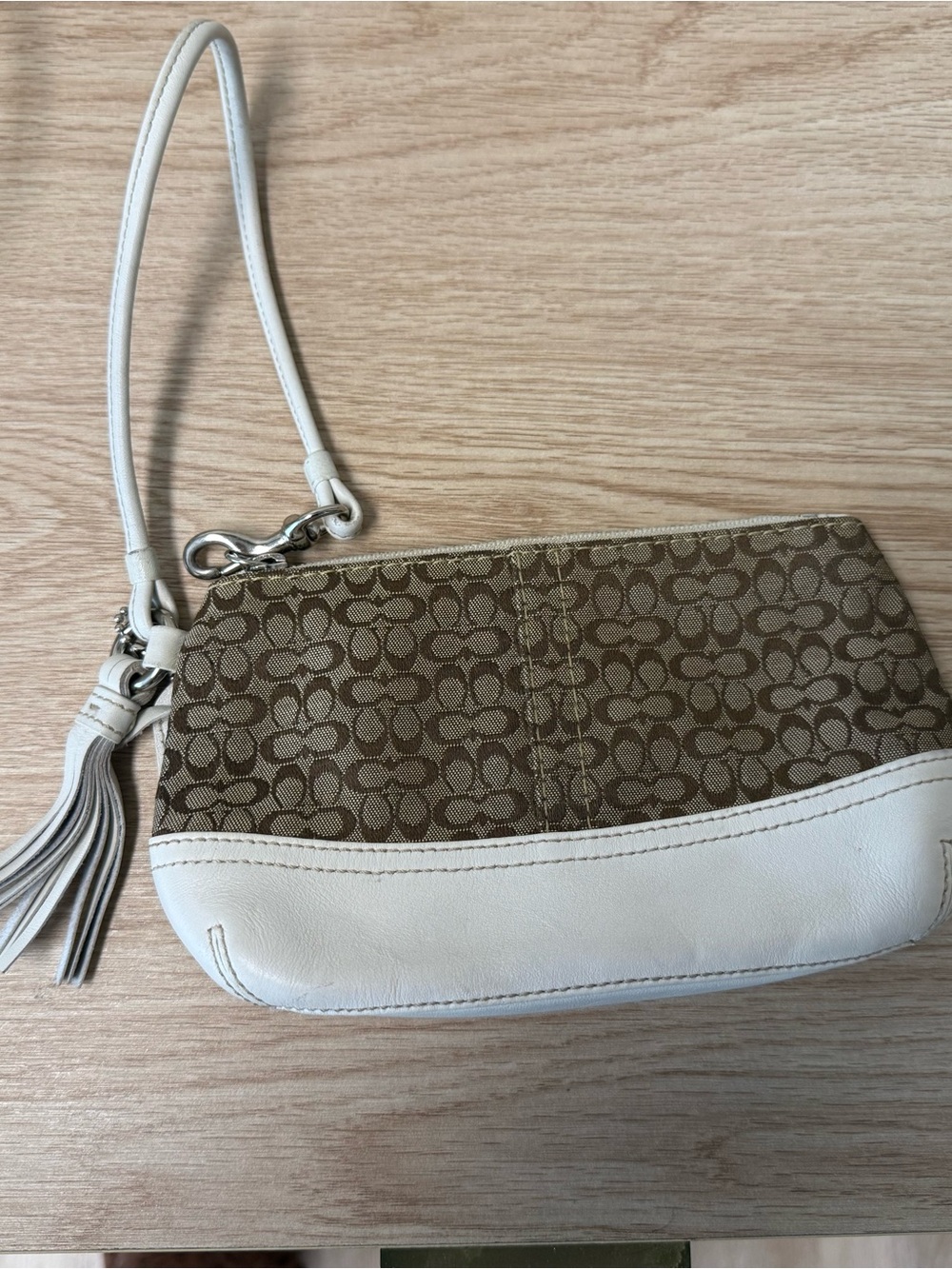 Coach Khaki Signature Canvas Wristlet with White Leather Trim